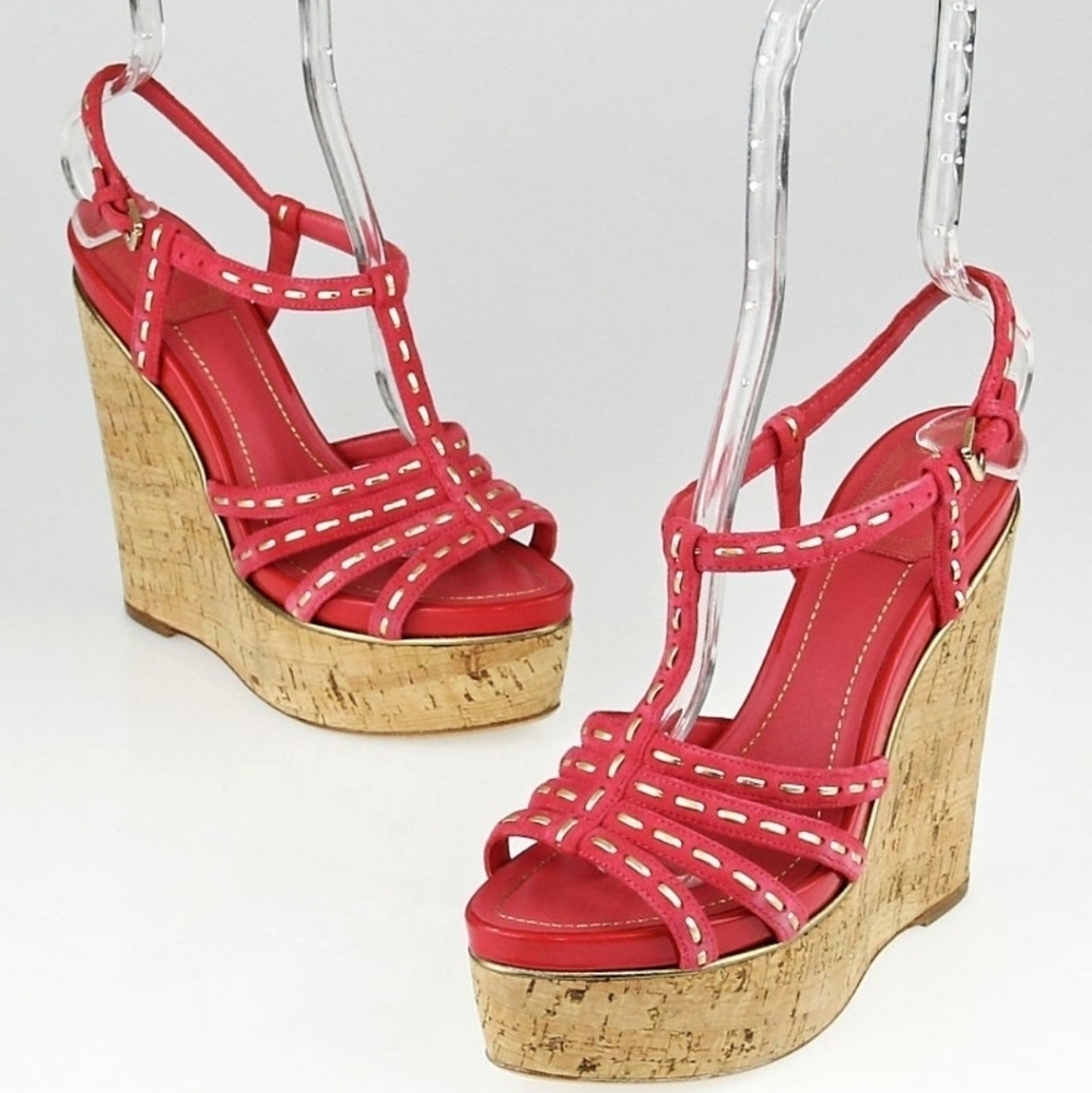 Dior Coral Pink Leather Cork Wedge Sandals